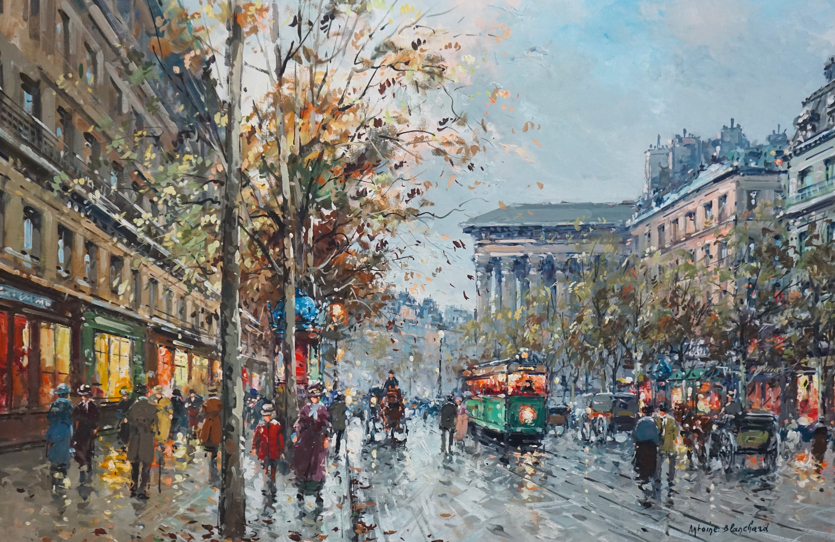 Antoine Blanchard (French, 1910-1988), Boulevard de la Madeleine, Paris, oil on canvas, 60 x 90cm